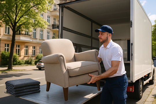 Möbeltransport Berlin – Professionelle Möbelträger tragen Kartons in ein Berliner Wohnhaus